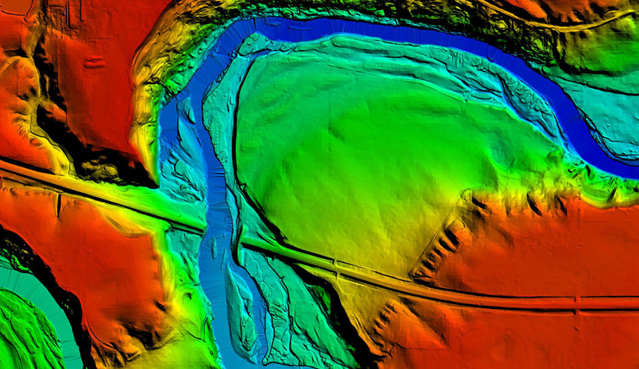 lidar image of road, river and peninsula